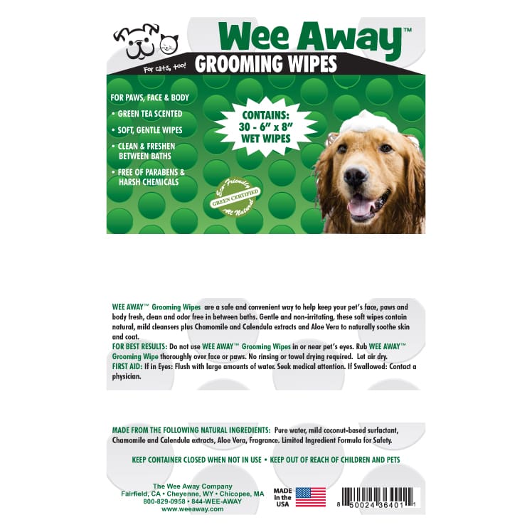 Wee Away Grooming Wipes for pets green tea scent label.