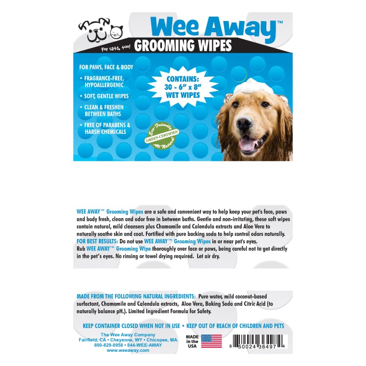 Wee Away Grooming Wipes for pets product label.