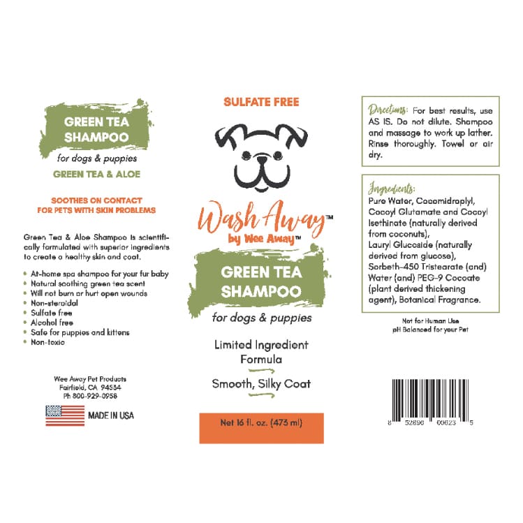 Wee Away Wash Away Green Tea Shampoo for dogs and puppies bottle label.