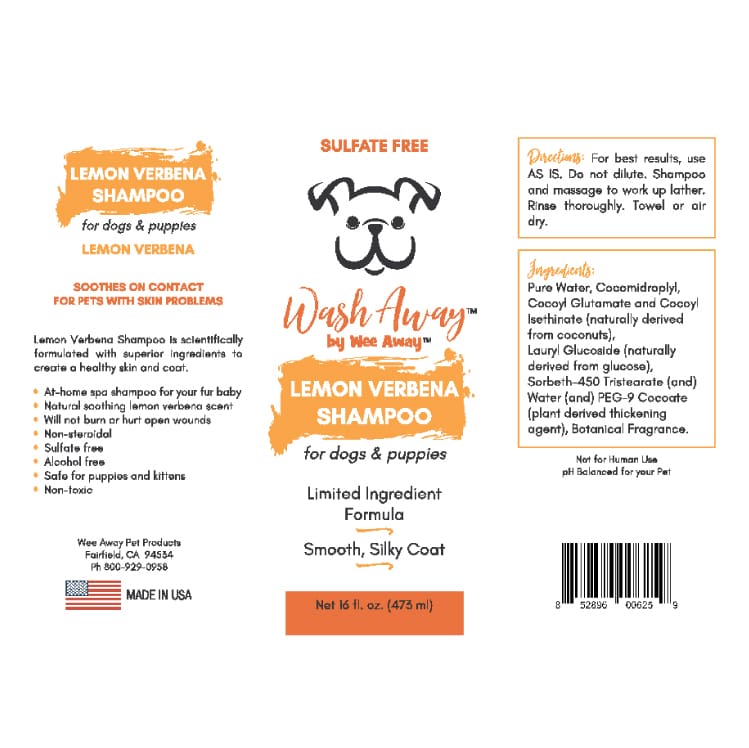 Wee Away Wash Away Lemon Verbena Shampoo for dogs and puppies bottle label.