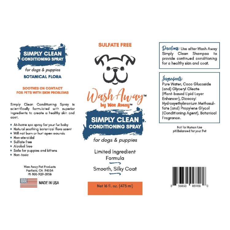 Wee Away Wash Away Simply Clean Conditioning Spray label.