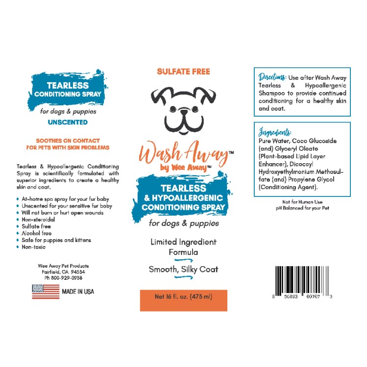 Wee Away Wash Away Tearless & Hypoallergenic Conditioning Spray label.