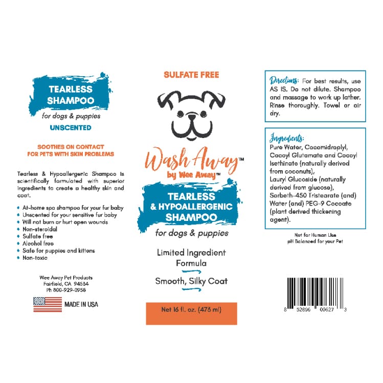 Wee Away Wash Away Tearless & Hypoallergenic Conditioning Spray product label.