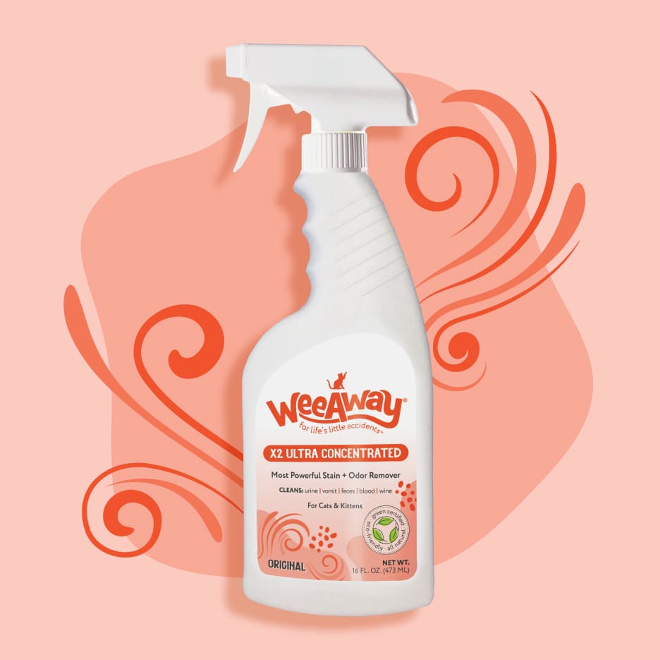 Wee Away X2 Ultra Concentrated stain and odor remover for cats original scent on a decorative light orange background.