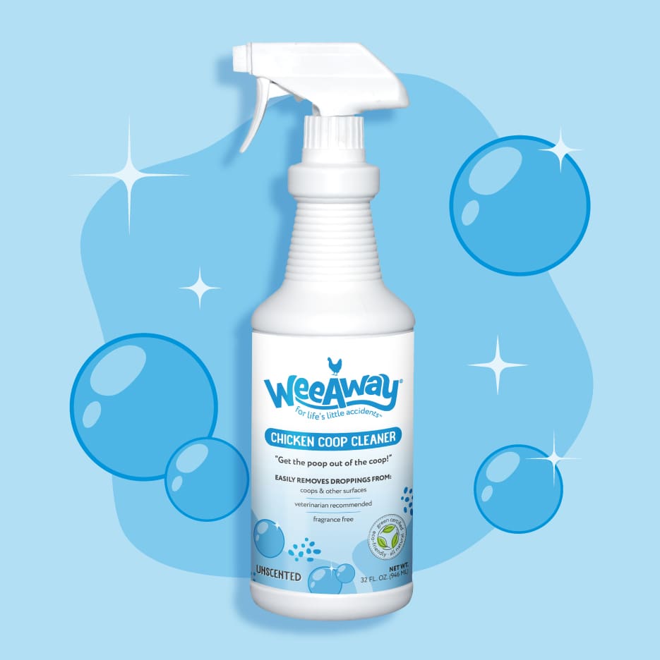 32 fl oz spray bottle of Wee Away Chicken Coop Cleaner on a blue, bubbly background.