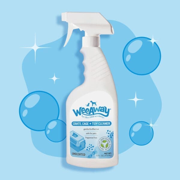 white spray bottle with blue logo and label with image of small animal carrier.