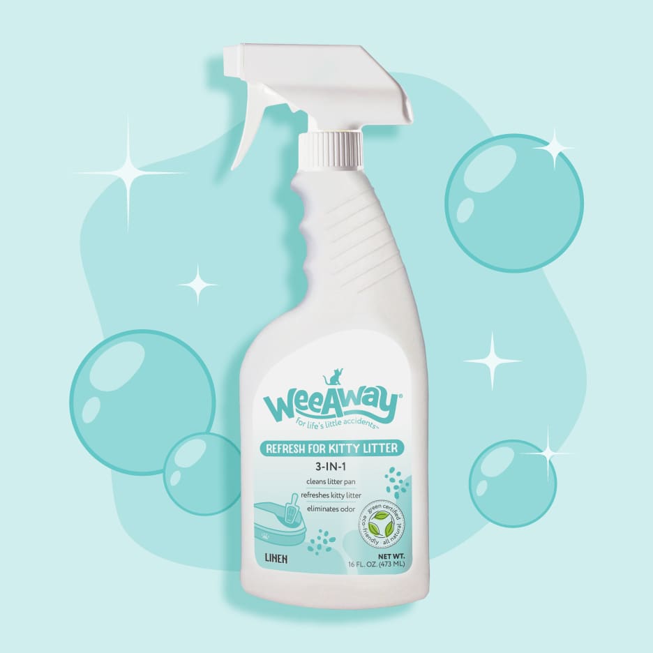 Refresh for Kitty Litter cleans litter boxes and eliminates smells. Spray bottle over light blue decorative background.