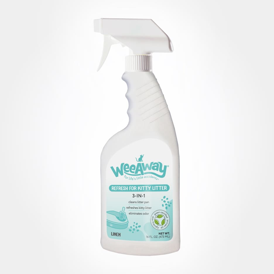 Spray bottle of Wee Away Refresh for Kitty Litter, 16 oz linen scented.