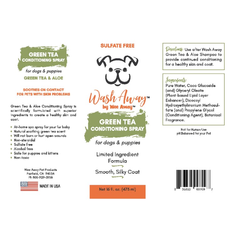 Wee Away Wash Away Green Tea Conditioning Spray label.