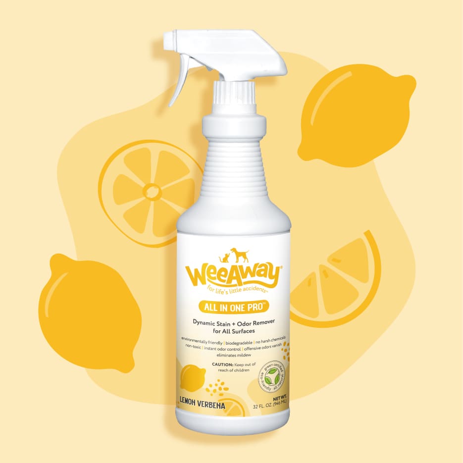 white 16 oz. plastic bottle of Wee Away All In One Pro Lemon Verbena scent with yellow label. background is light yellow with lemons.