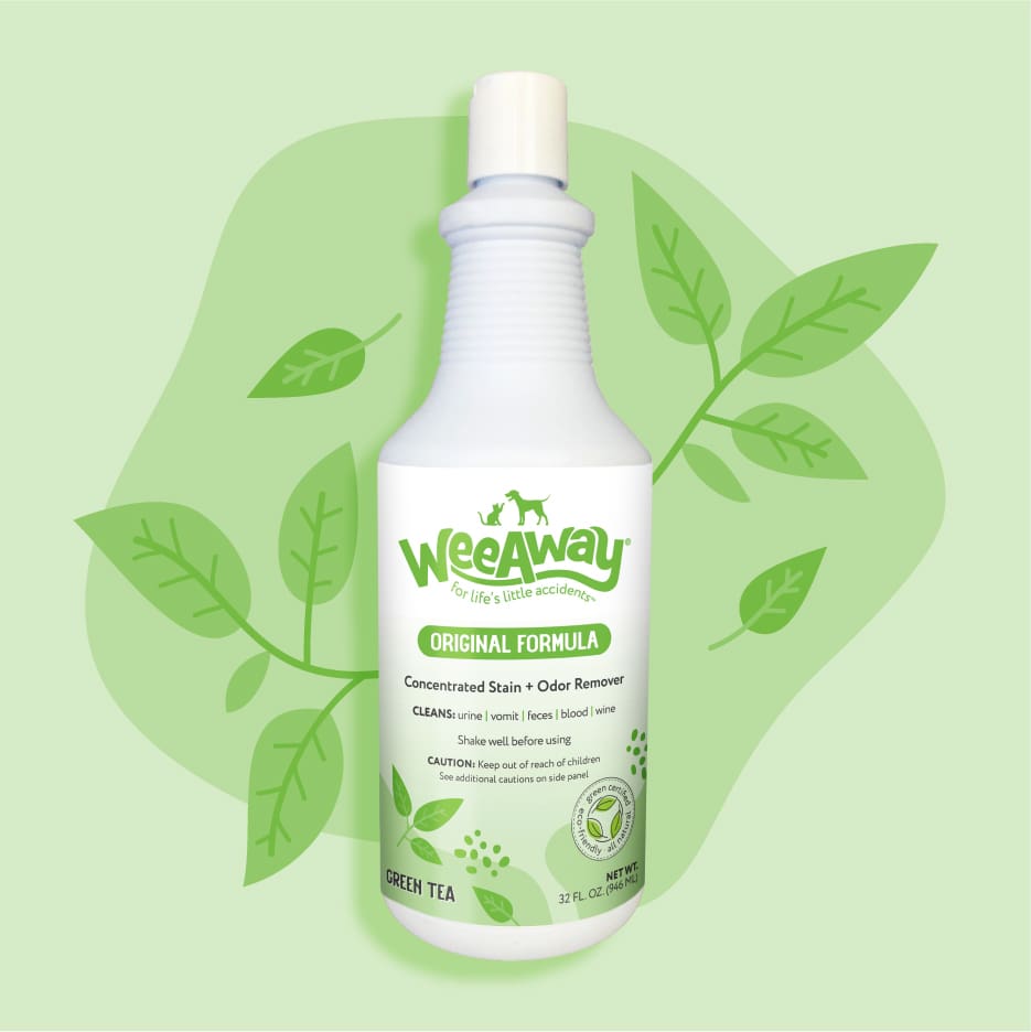 Original Green Tea Scented Stain and odor eliminator. 32 oz. on a decorative green background.