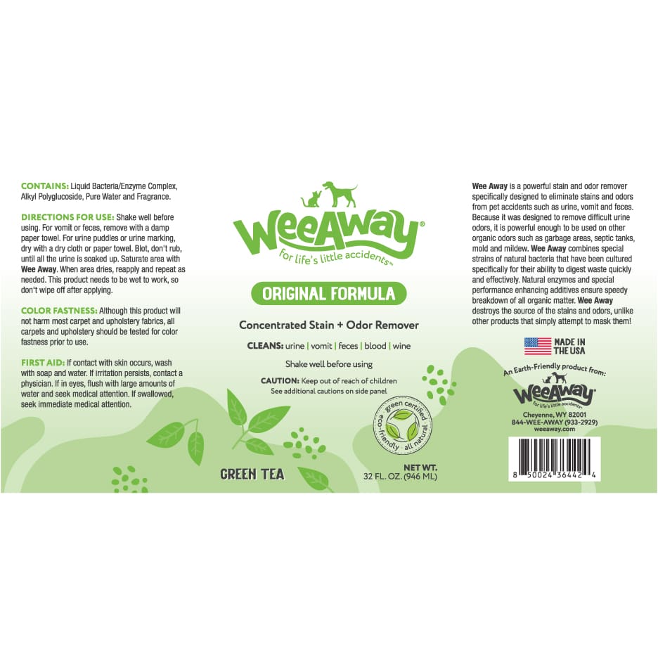 Wee Away X2 Ultra Concentrated stain and odor remover for cats in green tea back label.