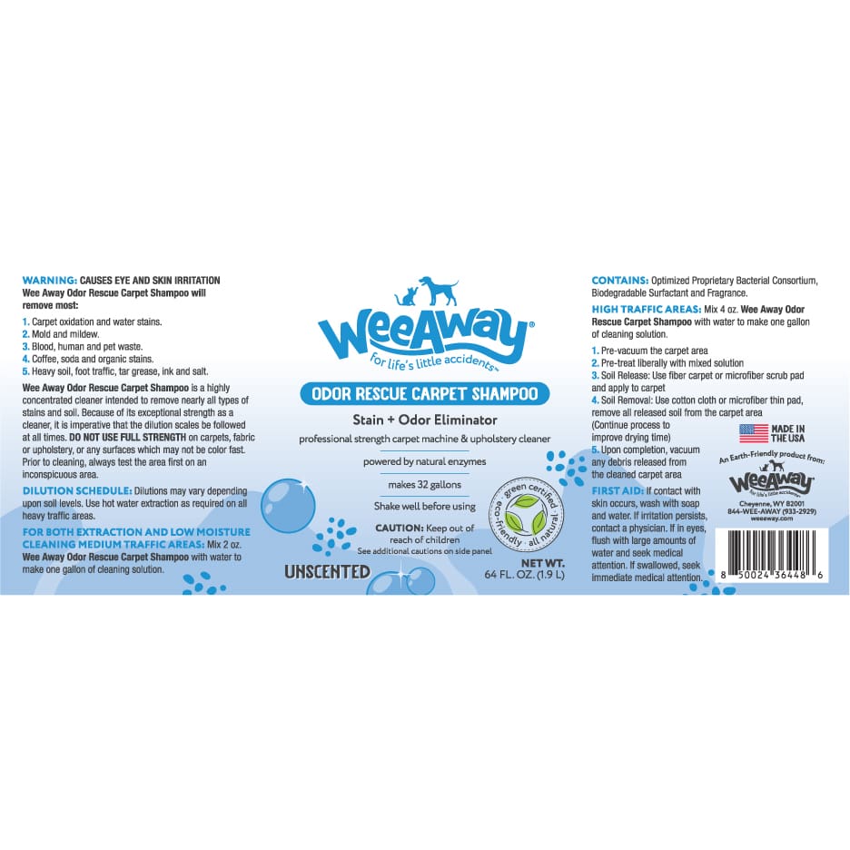 Wee Away Odor Rescue Carpet Shampoo product label.