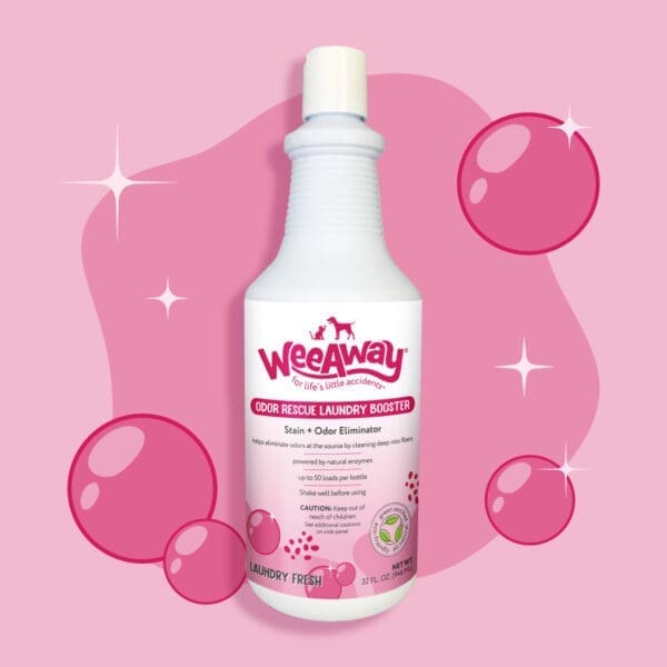 32 oz bottle of Wee Away Odor Rescue Laundry Booster on a pink and bubbly background.