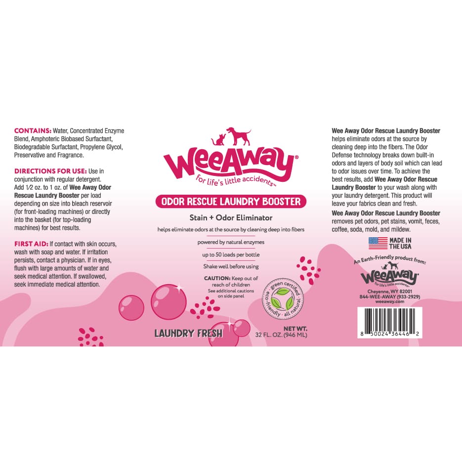 Product label for sample bottle of Wee Away Odor Rescue Laundry Booster.