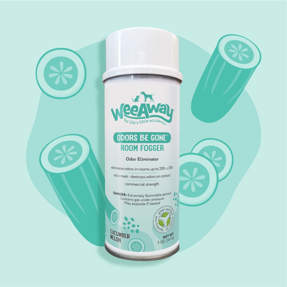 5 oz white can of Wee Away Odors Be Gone room fogger with mint green label.
