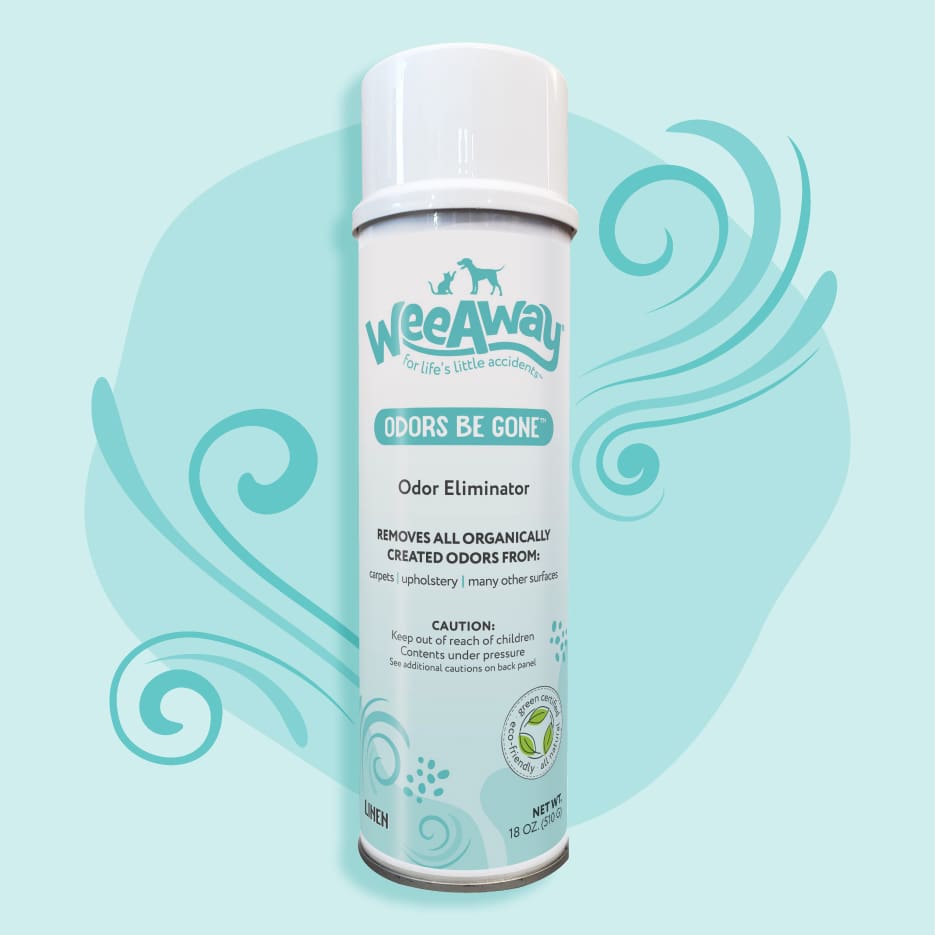 Wee Away Odors Be Gone spray can over a decorative light blue swirly background.
