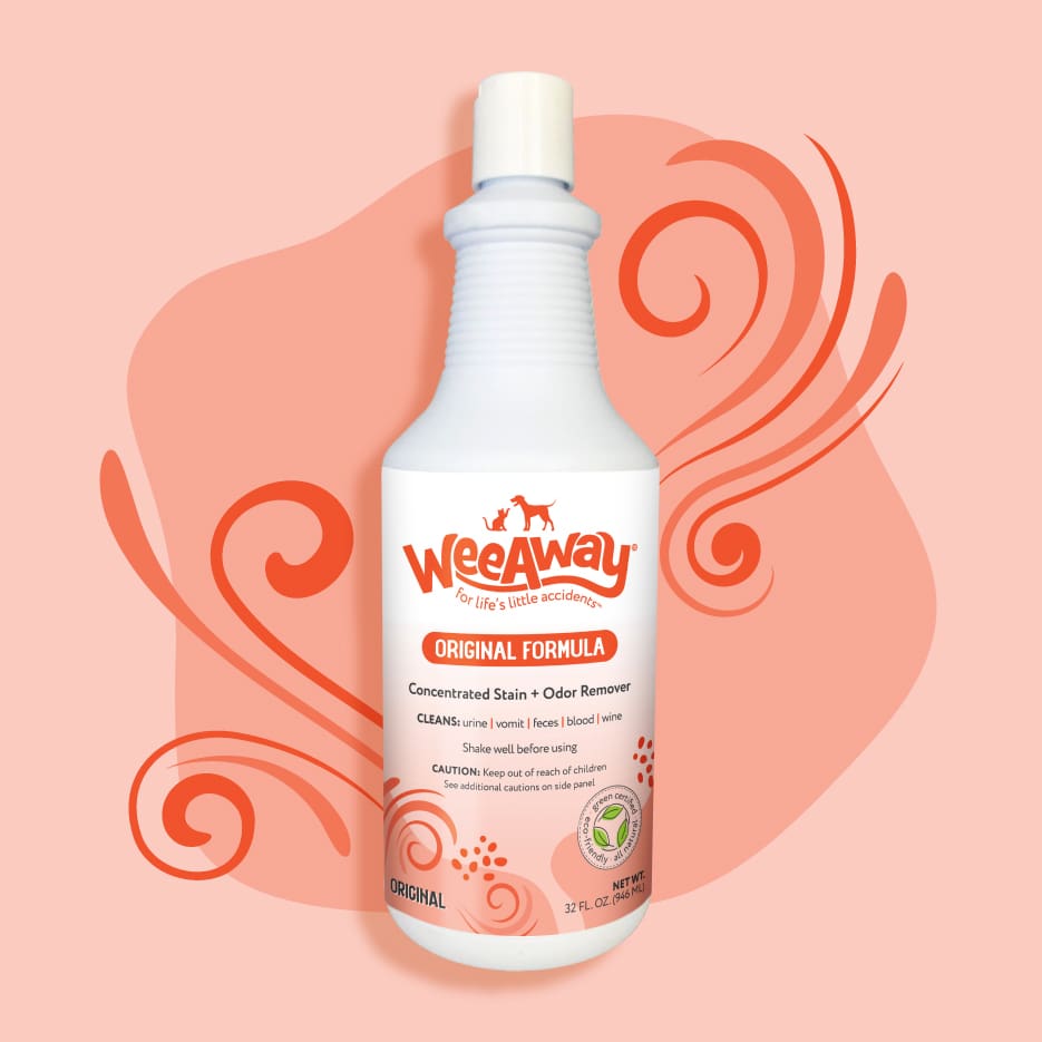 Wee Away Original Formula original scent bottle on a light orange swirly background.