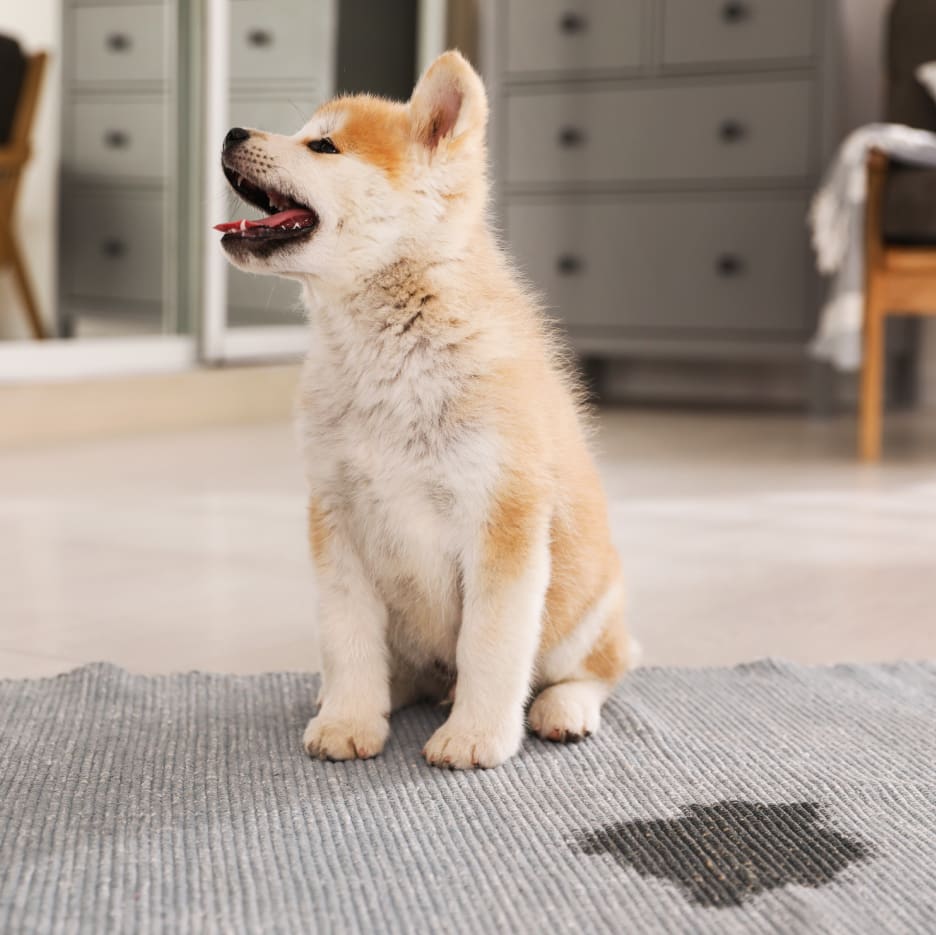 Cute light colored husky mix puppy turning his nose away from a urine puddle he just made on a grey area rug.