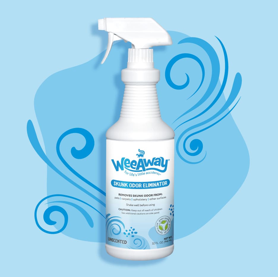 white spray bottle containing Wee Away Skunk Odor Eliminator on blue background with wavy blue lines.