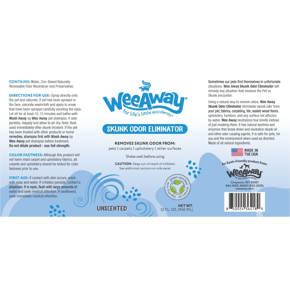 Wee Away Skunk Odor Eliminator back label.