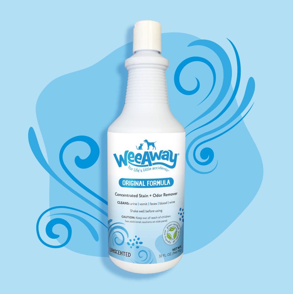 white plastic 32 oz. bottle of Wee Away Original Formula unscented with blue label on a blue background with blue swirls