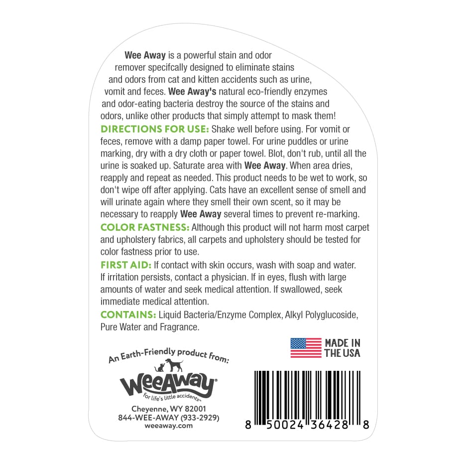 Wee Away X2 Ultra Concentrated stain and odor remover for cats product label.