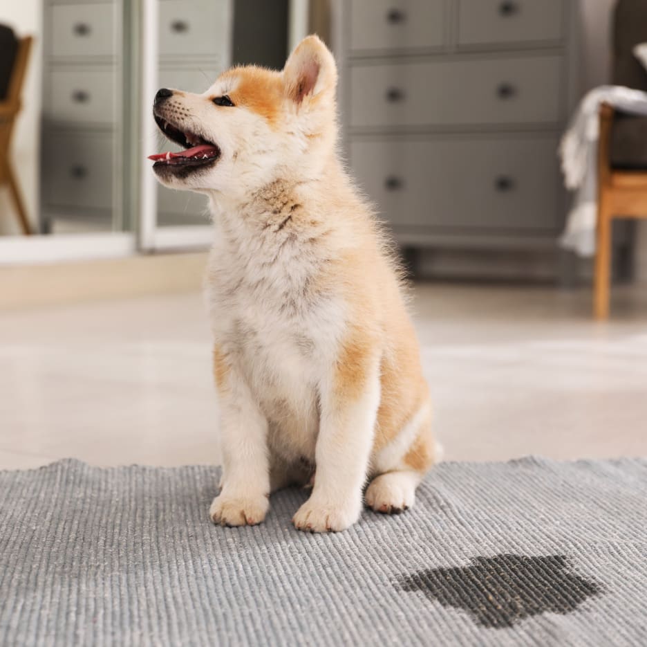 Husky puppy near a urine puddle.