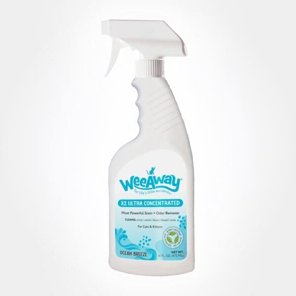 16 oz. white spray bottle x2 Ultra Concentrated stain and odor remover in Ocean Breeze. aqua ocean inspired label.