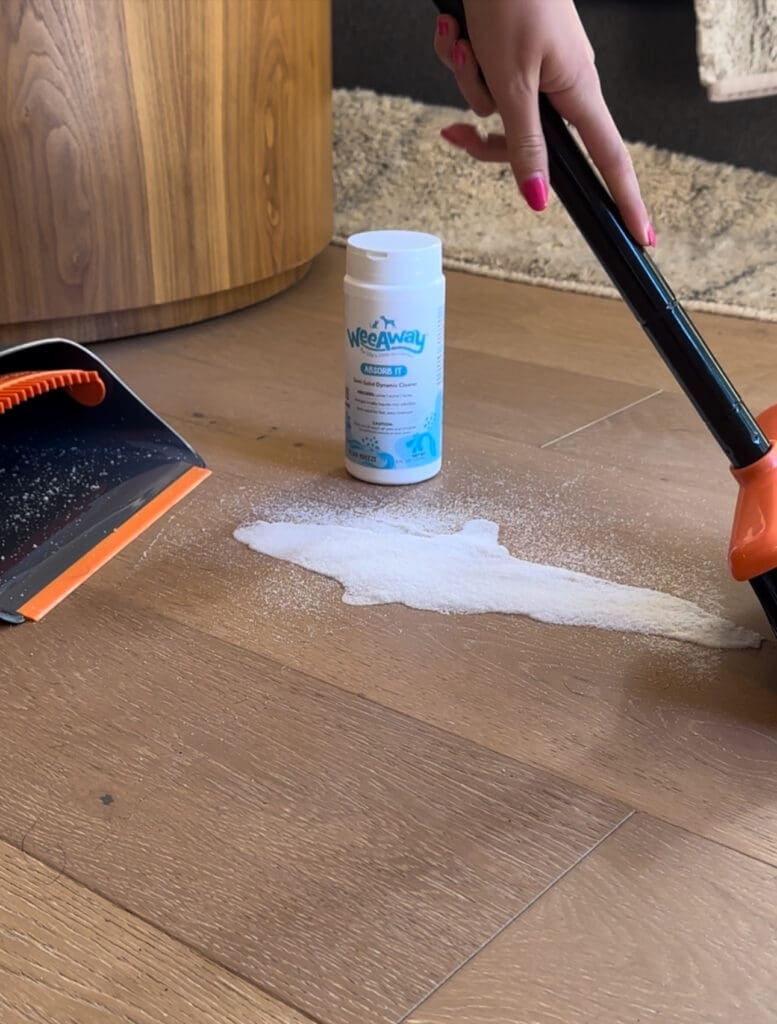 Wee Away Absorb It canister behind a liquid puddle. The puddle was sprinkled with Absorb It and the powder is congealed and being swept into a dustpan.