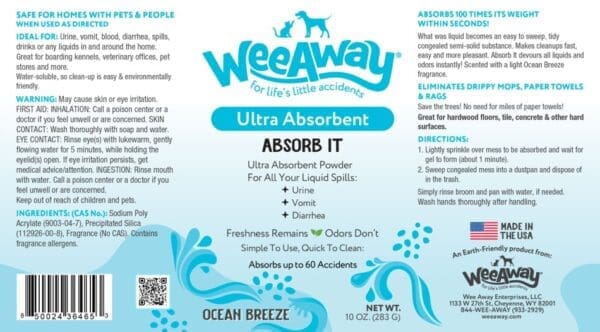 IDEAL FOR: Urine, vomit, blood, diarrhea, spills, drinks or any liquids in and around the home. Great for boarding kennels, veterinary offices, pet stores and more. Water-soluble, so clean-up is easy & environmentally friendly.