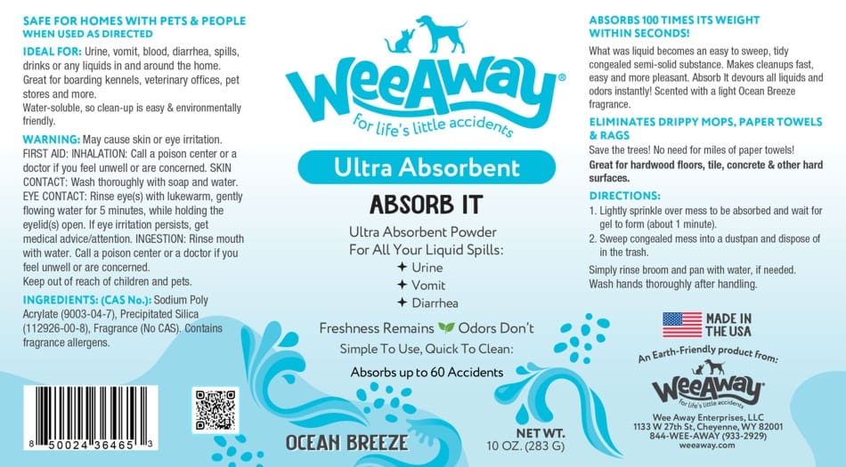Wee Away Absorb It label in blue and white. IDEAL FOR: Urine, vomit, blood, diarrhea, spills, drinks or any liquids in and around the home. Great for boarding kennels, veterinary offices, pet stores and more. Water-soluble, so clean-up is easy & environmentally friendly.