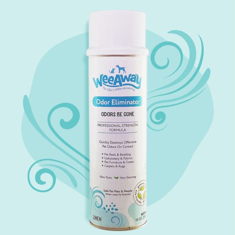 Can of Wee Away Odors Be Gone odor eliminator spray displayed on a light blue background design. Professional strength formula for pet bedding, upholstery, fabrics, pet crates, carpets and rugs. Non-toxic and non-staining.