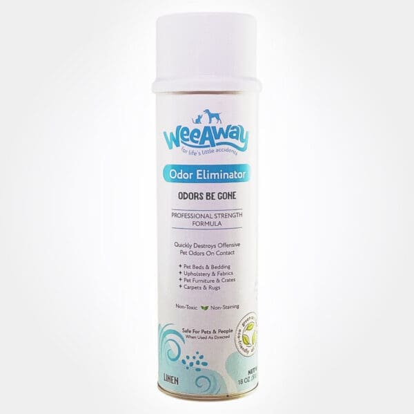 Can of Wee Away Odors Be Gone odor eliminator spray displayed on a white background. Professional strength formula for pet bedding, upholstery, fabrics, pet crates, carpets and rugs. Non-toxic and non-staining.