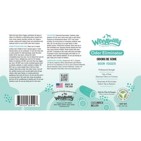 Odors Be Gone 5 oz can of room fogger in cucumber melon scent product label.