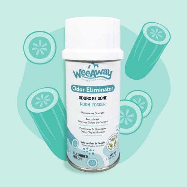 Wee Away Odors Be Gone odor eliminator room fogger in Cucumber Melon Scent over an illustrative background with cucumber slices.