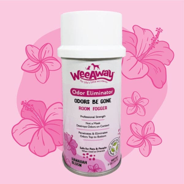 Wee Away Odors Be Gone odor eliminator room fogger in Hawaiin Bloom scent over an illustrative background with tropical flowers.