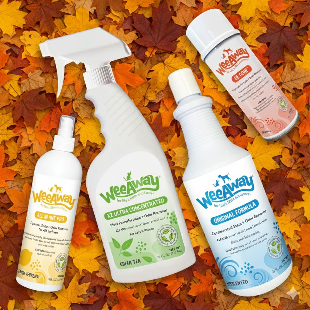 Assortment of Wee Away pet cleaning products on top of a pile of Fall leaves.