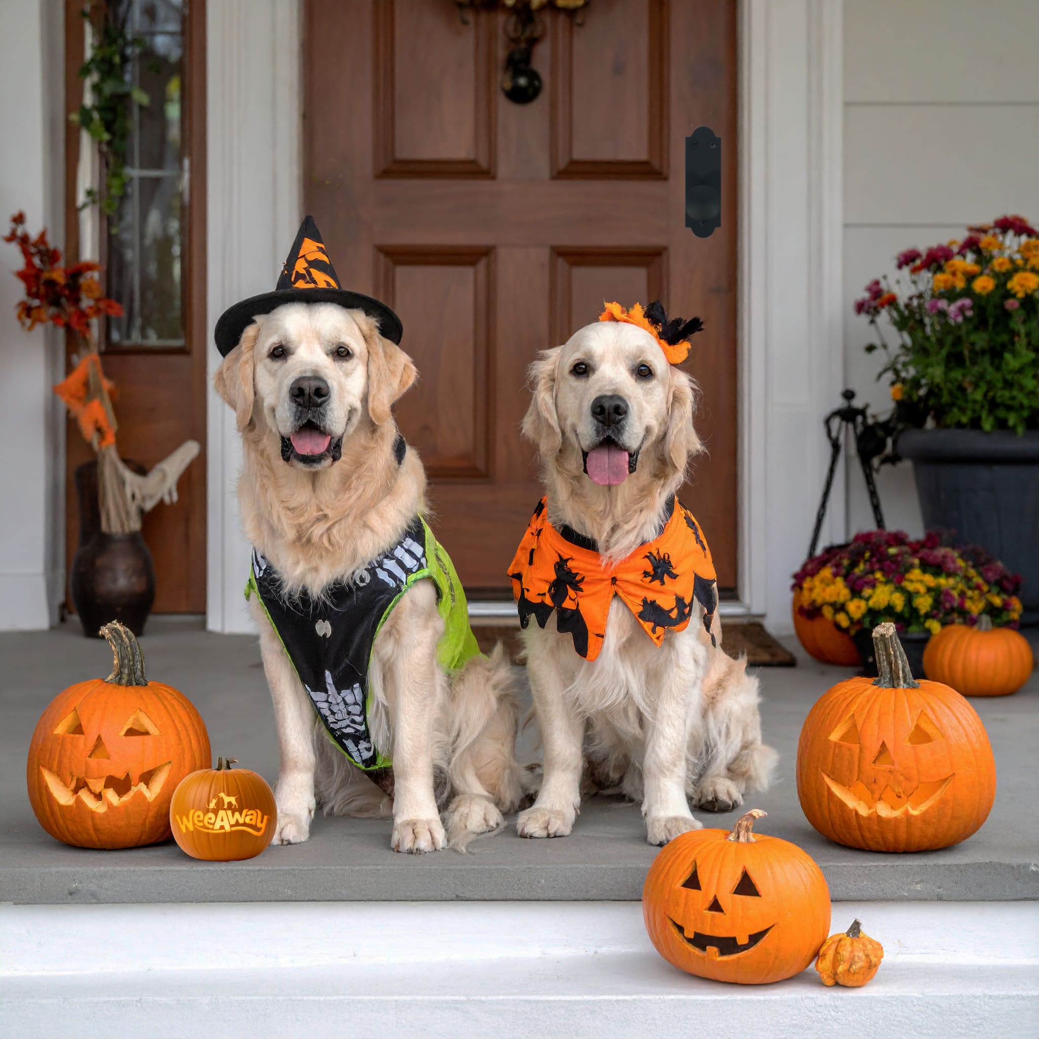Two golden retrievers sitting on a house porch dressed in Halloween costumes surrounded by jack o' lanterns.